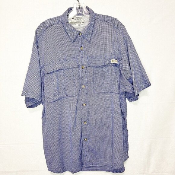 Columbia Button Down Vented Blue Gingham Short-Sleeve Fishing Shirt Sz L - Picture 1 of 6